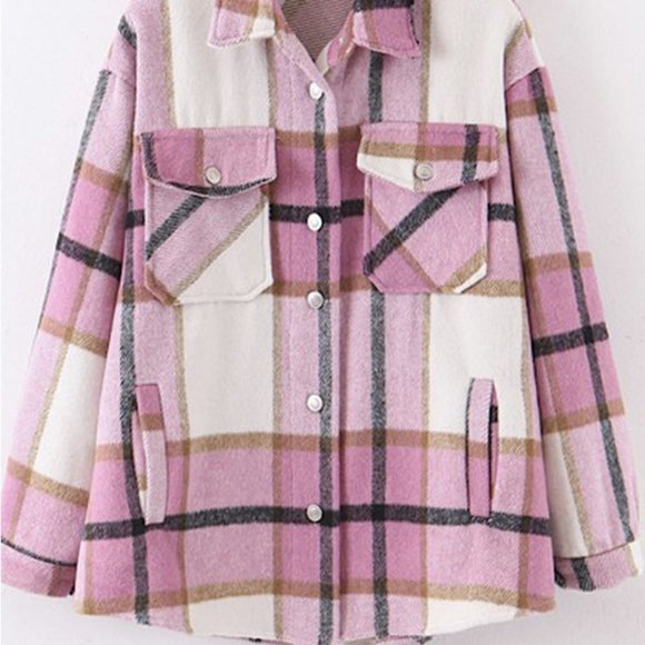 NEW SHACKET FLANNEL PLAID JACKET SHIRT pink/white SM-XLG bohemian western Barbie - Picture 8 of 8